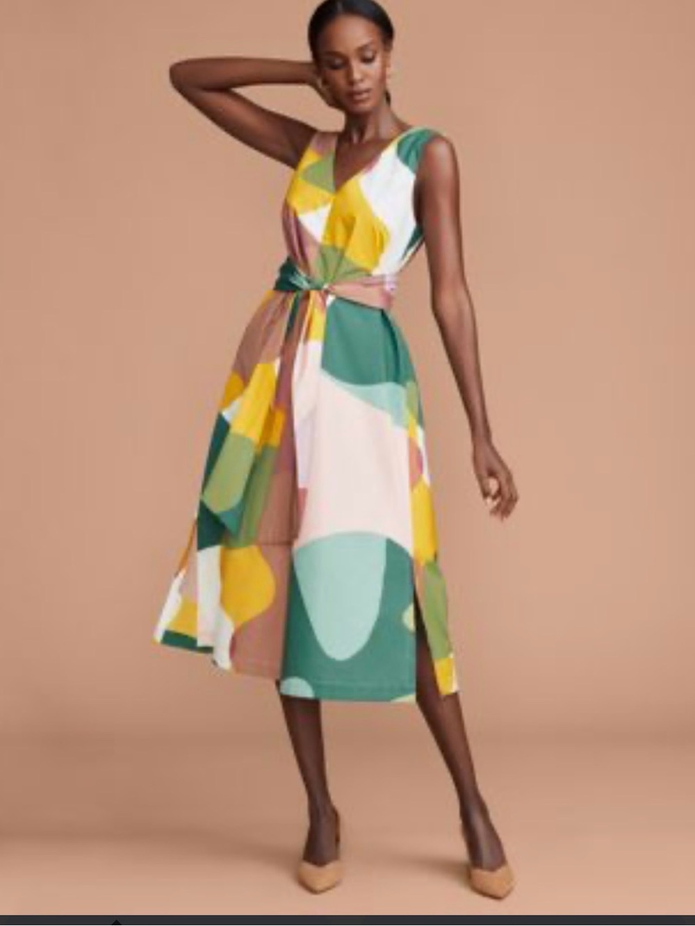 Ann Taylor Factory V-Neck Abstract Print Midi Dress in Green, Yellow & Pink